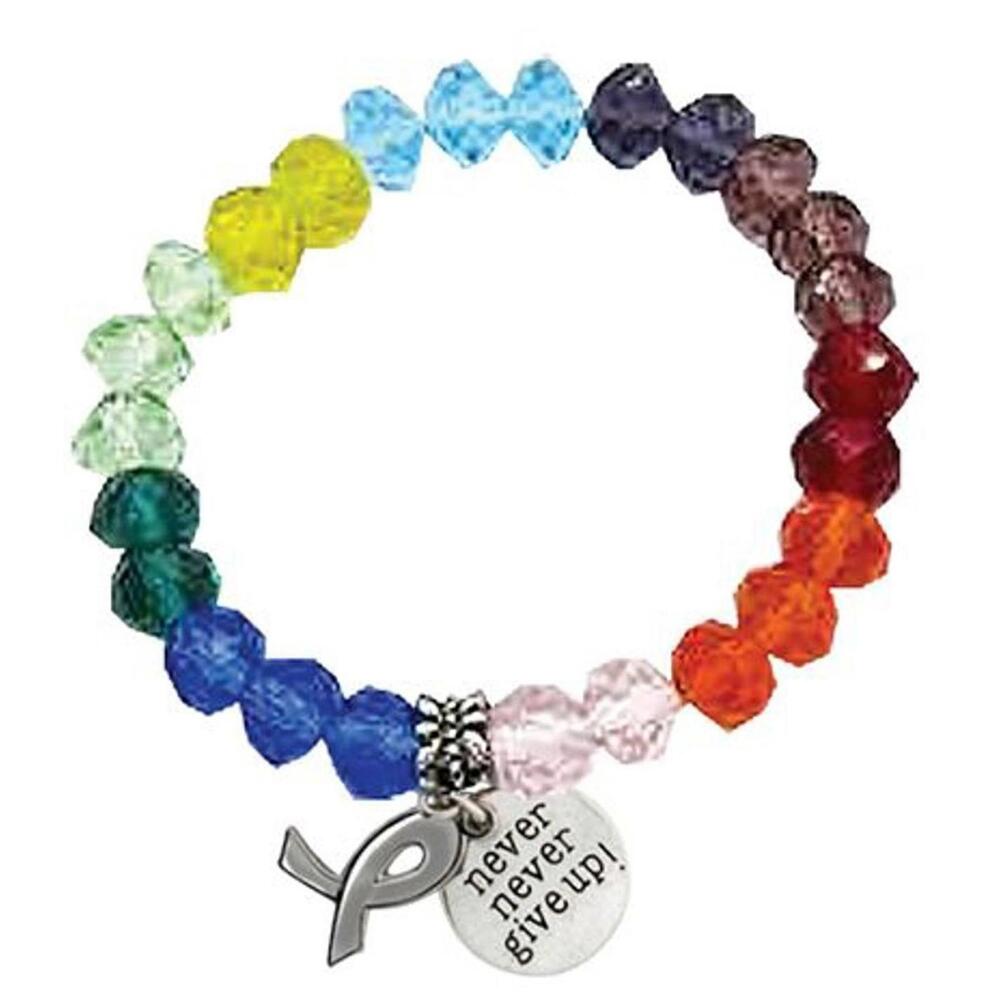 Stretch Crystal Bead Cancer Awareness Bracelet with Silver Charms